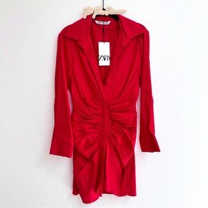 NWT Zara Draped Linen Dress Red